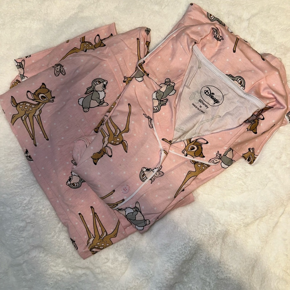 Bambi pink pajama set button up top with straight leg pants
